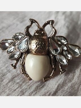 Bee Scarf Clip Dual Ring Brass and Ivory Colored Lucite Rhinestone Adjustable
